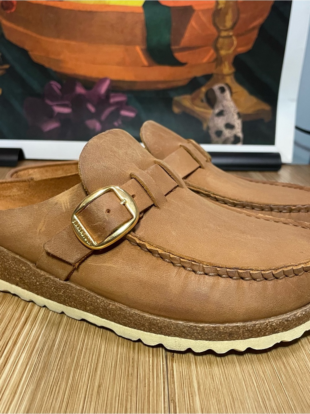 Birkenstock Buckley Big Buckle Oiled Leather Clogs Cognac Tan Gold EU 39 US 8